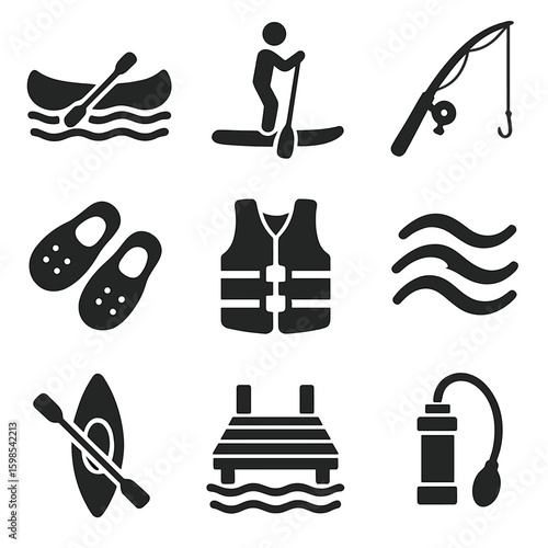 Water Activity Icons. Solid style icons of water activities in nature: canoe on lake, paddleboard icon, fishing pole with reel,