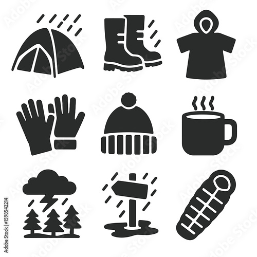 Weatherproof Camping Icons. Solid style icons of rainy or cold weather camping: tent with rainfly, waterproof boots, poncho icon,