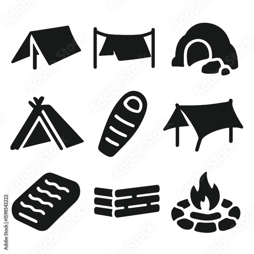Survival Shelter Icons. Solid style icons of bug-out and wilderness shelters: lean-to shelter, tarp over rope, natural cave