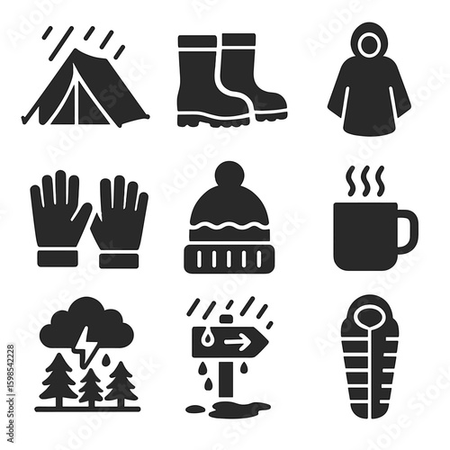 Weatherproof Camping Icons. Solid style icons of rainy or cold weather camping: tent with rainfly, waterproof boots, poncho icon,