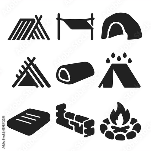 Survival Shelter Icons. Solid style icons of bug-out and wilderness shelters: lean-to shelter, tarp over rope, natural cave