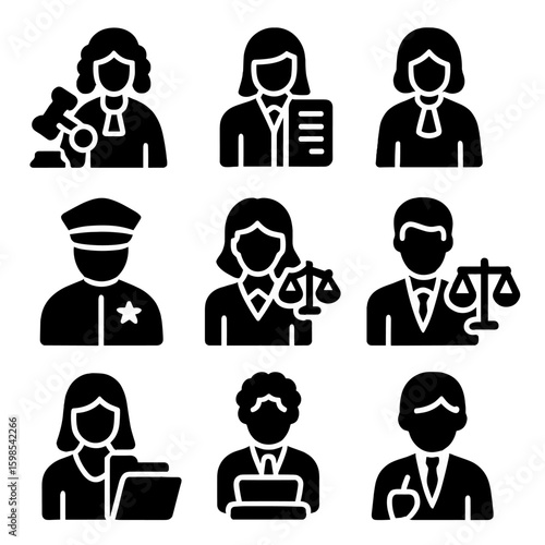 Legal Role Icons. Solid style icons of legal and justice roles: judge with gavel, lawyer with document, court clerk, legal