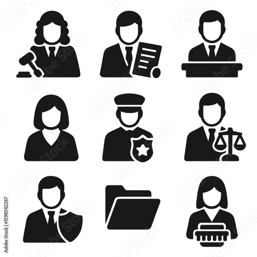 Legal Role Icons. Solid style icons of legal and justice roles: judge with gavel, lawyer with document, court clerk, legal