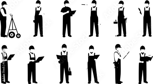 Silhouettes set of workers with helmets. Vector flat style illustration isolated on white