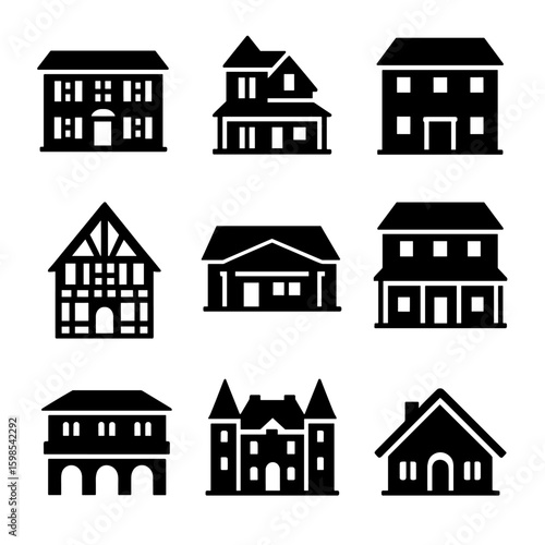 Traditional Housing Icons. Solid style icons of traditional housing styles: colonial house, Victorian home, Georgian facade, Tudor