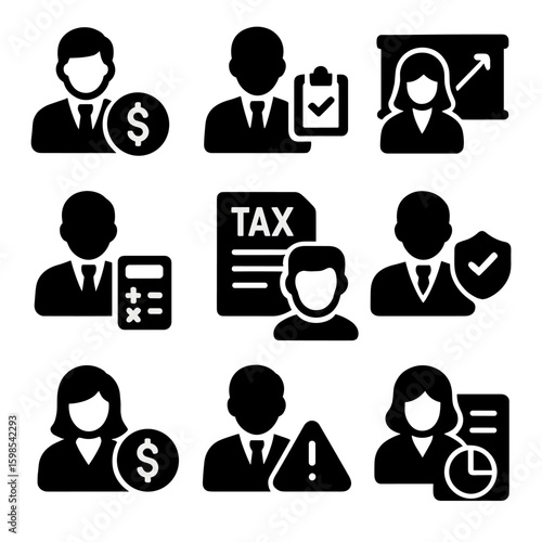 Finance Career Icons. Solid style icons of finance and accounting careers: investment banker, auditor with document, financial
