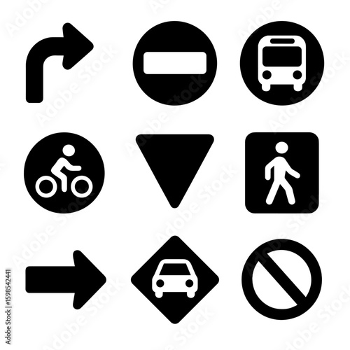 Traffic Icon Collection. Solid style icons of traffic and movement signs: left turn arrow, no entry sign, bus lane symbol, cyclist