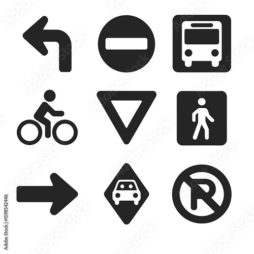 Traffic Icon Collection. Solid style icons of traffic and movement signs: left turn arrow, no entry sign, bus lane symbol, cyclist
