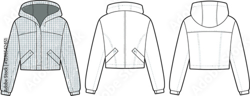 Stylish cropped hooded jacket, fashion illustration, front and back view, detailed garment design, modern streetwear concept, trendy clothing art, apparel sketch