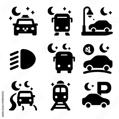 Nighttime Transport Icons. Solid style icons of night and off-hour transport: night taxi, night bus icon, moonlight street ride,