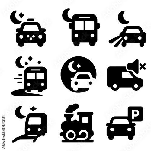 Nighttime Transport Icons. Solid style icons of night and off-hour transport: night taxi, night bus icon, moonlight street ride,