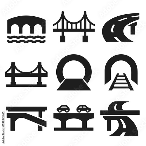 Bridge and Tunnel Icons. Solid style icons of bridges and tunnels: arched bridge, suspension bridge, elevated road, bridge with