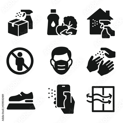 Household Precaution Icons. Solid style icons of household precautions: delivery sanitizing, cleaning groceries, home disinfection