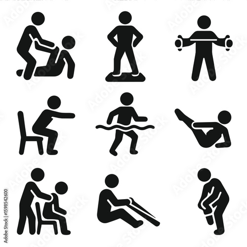 Rehabilitation Fitness Icons. Solid style icons of rehabilitation and low-impact fitness: physiotherapy exercise, balance pad,