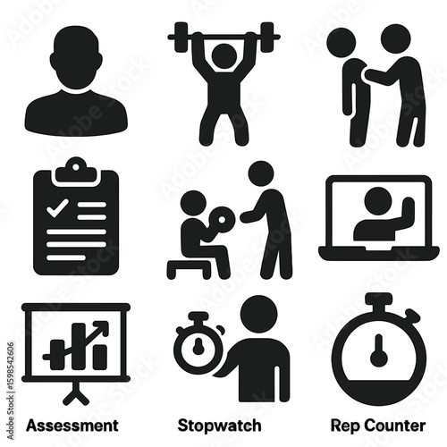 Personal Training Icons. Solid style icons of personal training: trainer icon, client lifting, posture correction, personalized
