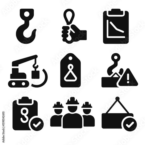 Rigging Safety Icons. Solid style icons of lifting and rigging safety: lifting hook symbol, sling inspection, load chart icon,