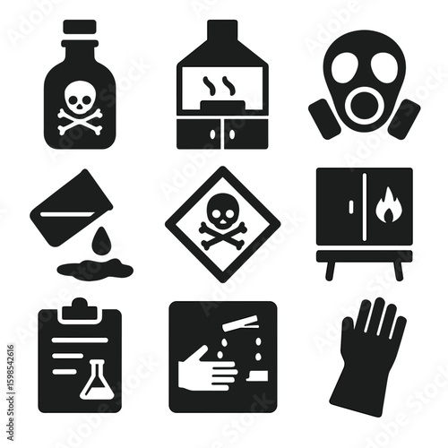 Chemical Safety Icons. Solid style icons of chemical safety: chemical bottle with hazard, fume hood, gas mask, chemical spill icon
