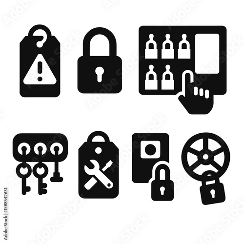 Lockout-Tagout Icons. Solid style icons of lockout-tagout procedures: danger tag icon, padlock symbol, lock station board, energy