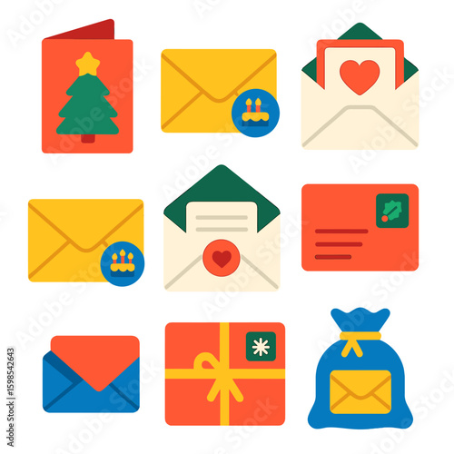 Colorful Holiday Icons. Flat vector icons of holiday mail: Christmas card, birthday envelope, wedding invitation. festive envelope