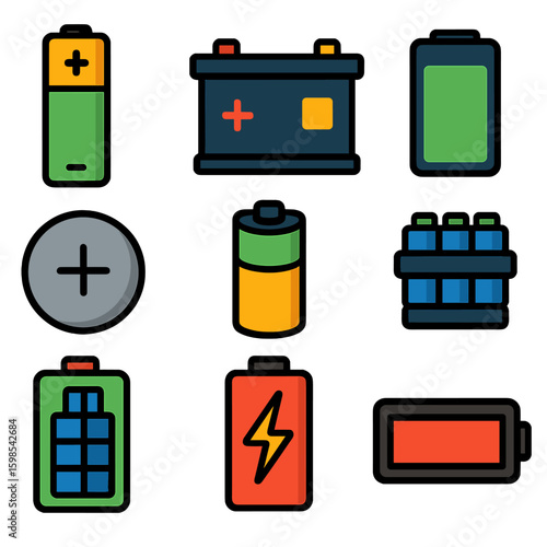 Vibrant Battery Icons. Flat vector icons of battery types: AA battery, car battery, smartphone battery. lithium cell, NiMH battery