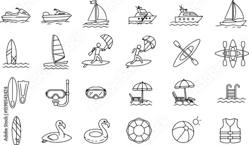 Beach and Water Sports Icons Pack, Aquatic Adventure Vector Set, Jet Ski, Sailboat, Kayak, Surfboard, Windsurfing, Snorkel Mask, Lifebuoy, Float, Pool Ladder