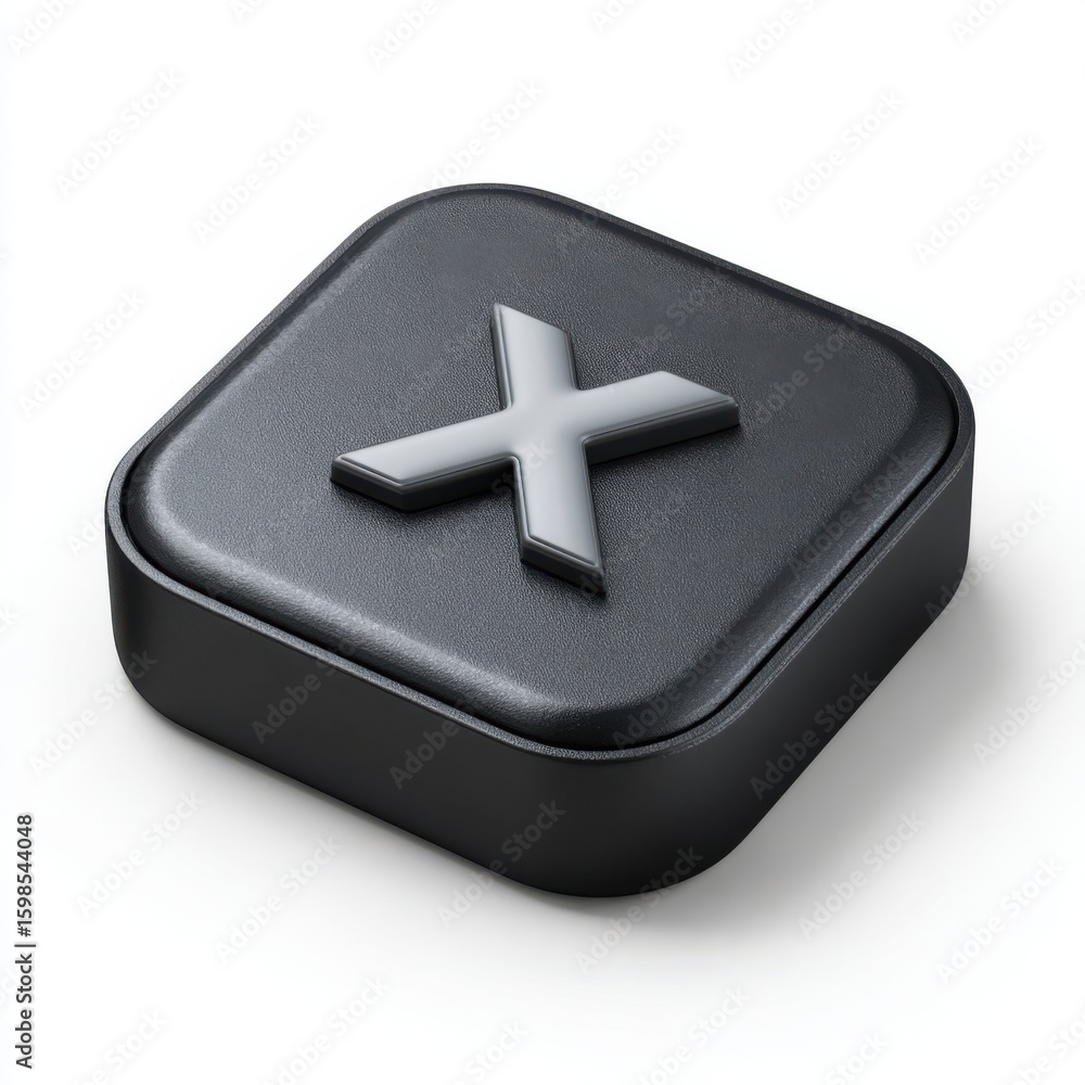 Obraz premium A dark square button with a raised white cross symbol in the center isolated on white background