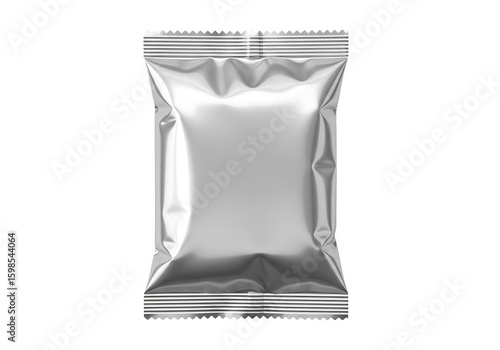 Shiny silver foil food pouch or sachet for coffee or snacks, mockup. Isolated on transparent background, png