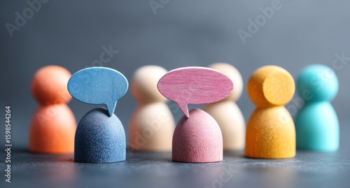 Wallpaper Mural A meeting or discussion is depicted through colorful wooden figures standing under vibrant speech bubbles, conveying the exchange of diverse perspectives and ideas Torontodigital.ca