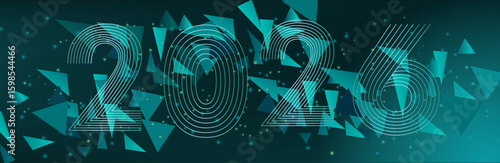 Abstract 3D mesh background with circles and particles on a dark green background. Figures 2026 from the lines in the data stream and the coming of the New Year. xmas