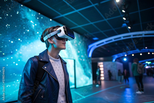 A person wearing a virtual reality headset looks up at a large illuminated digital