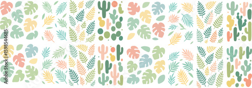 A cheerful pattern of stylized cacti and tropical leaves in pastel colors.