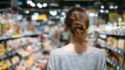 Wallpaper Mural A woman with a ponytail reviews nutritional labels in a well-lit snack aisle, surrounded by clean, diet-friendly packaging. Torontodigital.ca