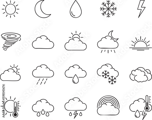 Collection of hand drawn weather icons featuring sun moon clouds rain snow and wind symbols