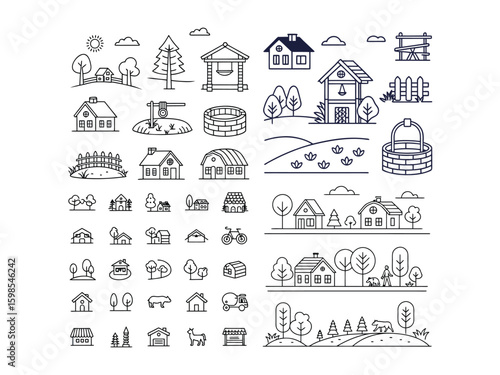Farm and Agriculture Village - Set of Thin Line Vector Icons