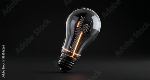 A stark black background provides the setting for a luminous lightbulb to emit radiant blue digital lines and glowing dots, which represent innovation and technological advancement