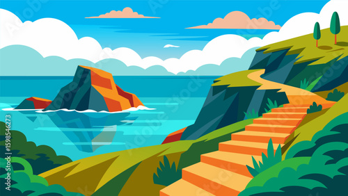 A coastal hike with breaks to paint vivid seascapes on small canvases using a variety of art mediums.. Vector illustration