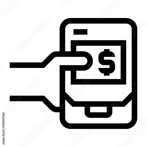 Icono de pago móvil. Transacciones digitales y pagos rápidos. Mano sosteniendo celular con símbolo de tarjeta y dinero. Ilustración vectorial 