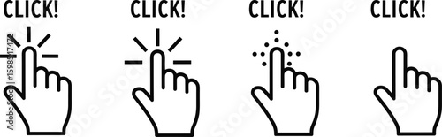 Click hand icon set, finger pointing gestures with visual effects, digital interaction symbols, click here graphics, cursor triggers, web interface design assets