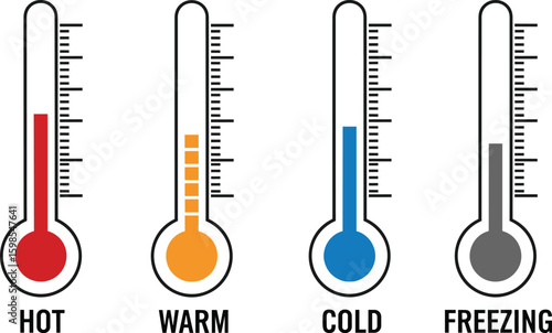 Temperature icon set with labeled thermometers showing HOT, WARM, COLD, FREEZING, climate condition graphics, weather scale symbols, heat level indicators, seasonal visuals