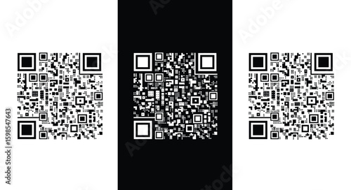 Modern QR code icon set featuring contrasting black and white styles, digital barcode graphics for scanning, technology interface elements, contactless communication visuals