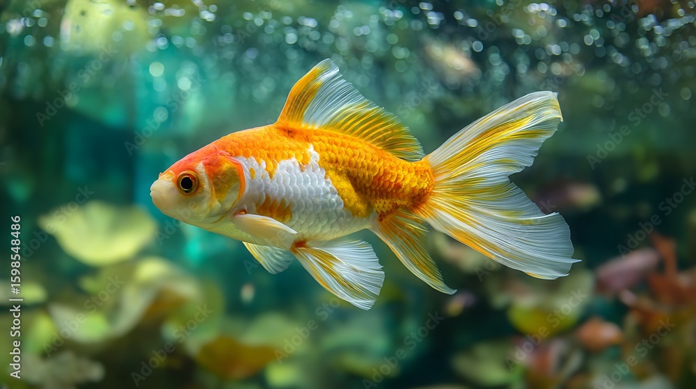 Fototapeta premium Elegant goldfish swimming gracefully with vibrant colors in a stunning aquarium environment