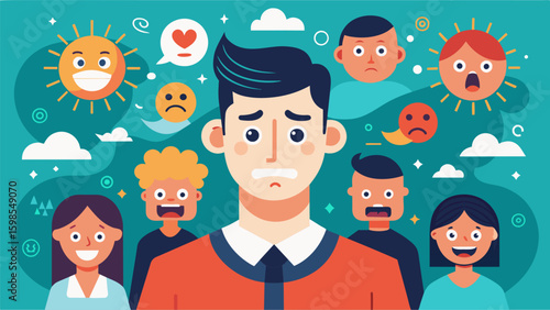 A collage of photographs of peoples facial expressions ranging from happy and calm to anxious and uncomfortable illustrating the different emotions. Vector illustration