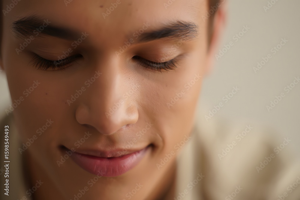 Close up portrait of handsome young man with eyes closed in studio lighting beauty shot Close up portrait of handsome young man with eyes closed in studio lighting beauty shot