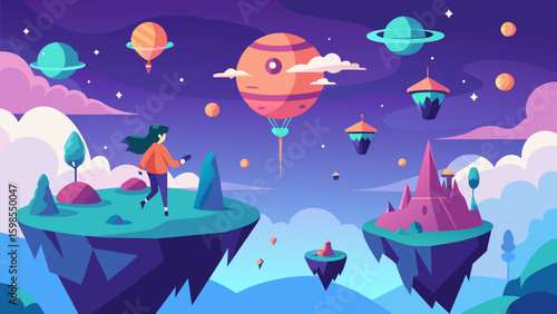 A digital animation of a person flying through a mysterious dream landscape filled with floating islands and magical creatures.. Vector illustration
