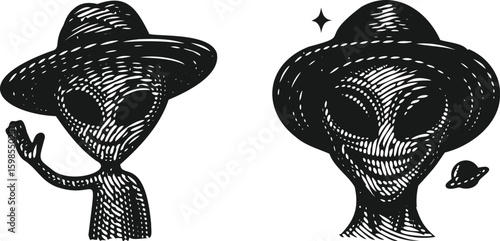  Monochrome lined engraving bundle featuring a smiling alien wearing a hat, detailed vintage style illustration, perfect for sci-fi, extraterrestrial, space art, retro, tattoo designs