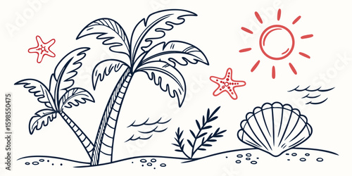 Abstract floral vector illustration with tropical palm trees on a summer beach