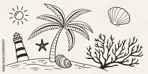 A vector illustration of a tropical island paradise with palm trees, a sandy beach, and the ocean under a summer sky