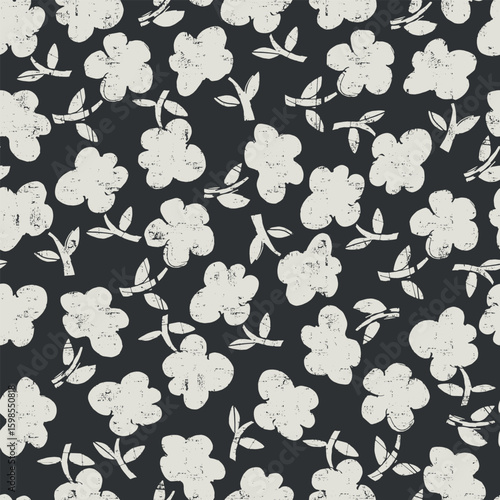Seamless pattern with hand drawn meadow bold flowers. Floral Block Prints inspired by printmaking that uses wooden blocks to transfer repeating designs onto textiles.