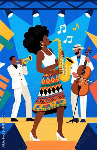 A flat illustration showing an African-American girl playing the saxophone in a jazz band. Vector graphics. EPS.