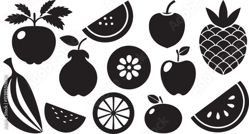 Wallpaper Mural Black silhouette fruit collection with apple banana pineapple watermelon Torontodigital.ca